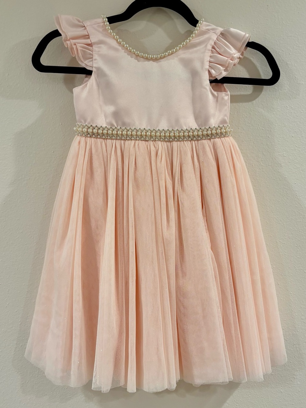 Girls' Pearl-Embellished Light Pink Tulle Dress